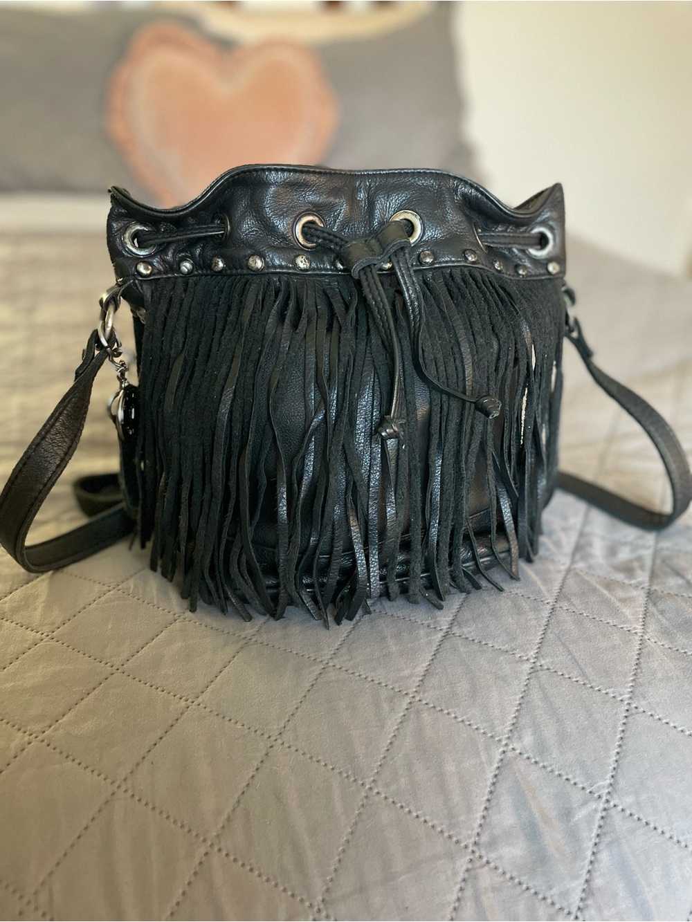 Vintage Y2K Tylie Malibu Black Leather Fringe Crossbody Bag